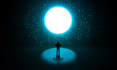 Businessman Standing in a spot light from a starry bright circle window or exit. Business man thinking in getting out from a dark concrete room. Imagination and Business success way concept 