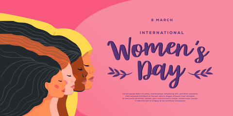 Happy international women's day with illustration of four women from different cultures and nationalities
