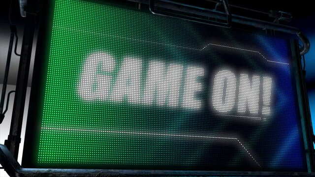 3D animated motion graphics design of a hi tech screen flashing a lightboard style sports title card, in classic blue and green color scheme, with animated chevrons and the bold Game On caption