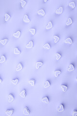 Holiday Card. Marshmallow Hearts for Valentines day.  Day. Hearts is fall love. Copy space, minimal concept, seasonal winter february holiday. New 2022 trending PANTONE 17-3938 Very Peri color