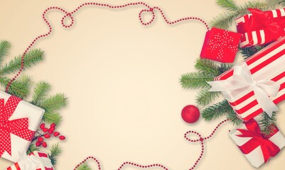 Christmas and New Year concept with festively decorated Gift boxes, Christmas balls.