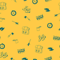 camp seamless pattern. hand drawn doodle. vector, scandinavian, trendy colors 2022, minimalism. hike, canned food, backpack. wallpaper, textile, background, wrapping paper.