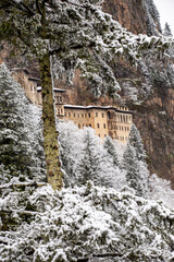 The Sumela monastery one of the most impressive sights in Black Sea region, in Altindere Valley, Trabzon. 1600 year old ancient Orthodox monastery located at 1200 meters height. Winter landscape