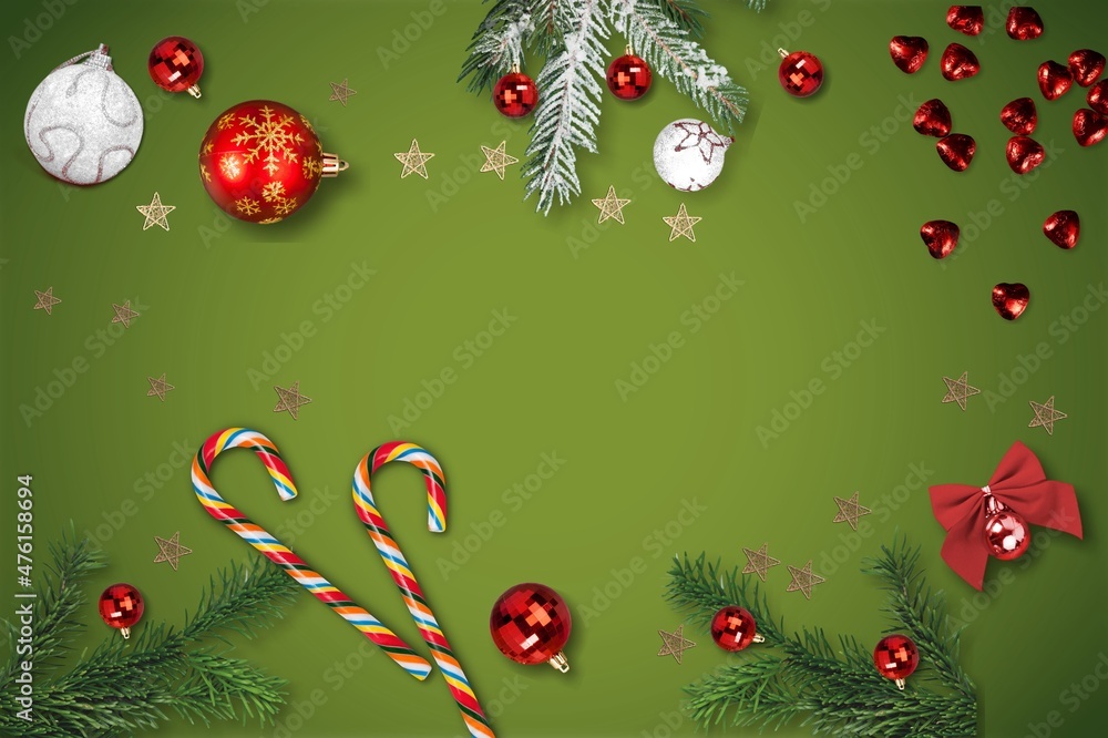 Sticker Vintage Christmas background with balls decoration, fir tree branches and gifts.