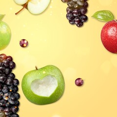 Creative happy and healthy card made of grapes and apples on the background.