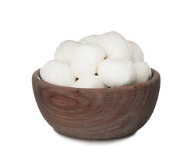 Wooden bowl with mozzarella cheese balls on white background