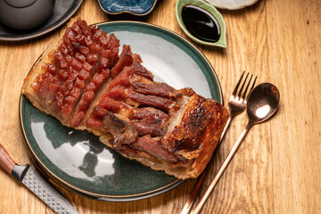 Roast pork, grilled with crispy pork skin, ready to eat.