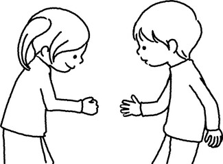 線画。男の子と女の子がじゃんけんをしている。