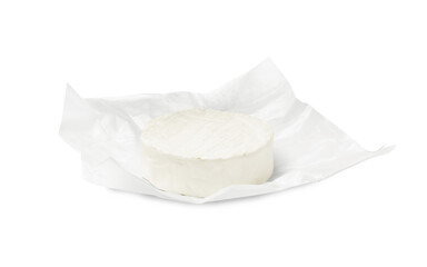 Tasty brie cheese with wrapper isolated on white