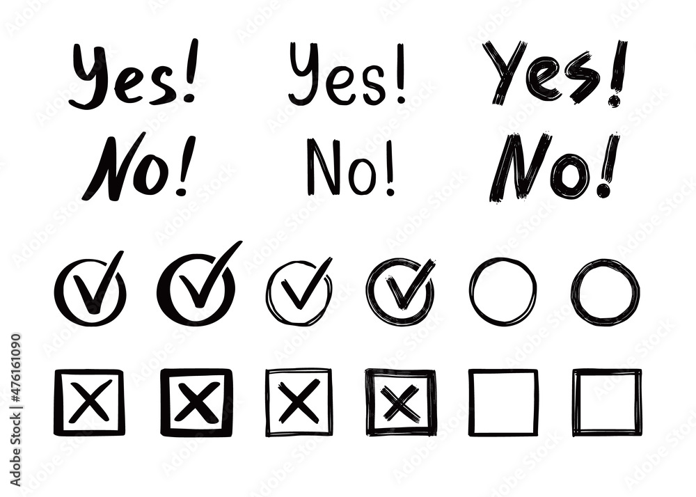 Aufkleber check and cross mark set. hand drawn doodle sketch style. vote, yes, no drawn concept. checkbox, cro