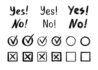 Check and cross mark set. Hand drawn doodle sketch style. Vote, yes, no drawn concept. Checkbox, cross mark with box, circle element. Vector illustration.