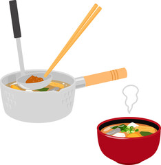 椀に入った味噌汁と鍋での調理