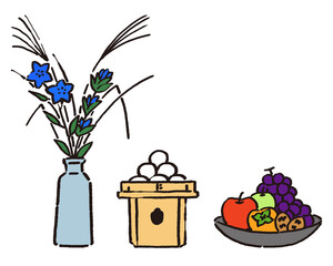 お月見のお供えセット　月見団子、果物盛り合わせ、ススキと桔梗の花瓶イラスト