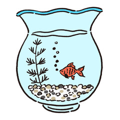 金魚鉢で泳いでいる金魚のイラスト