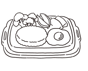 目玉焼きとハンバーグ、ブロッコリー、ポテトフライ、にんじんのグラッセの載ったプレート