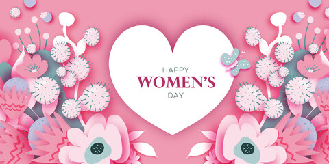 Floral Happy Womens Day. 8 March. Trendy Mothers Day. Paper cut Flowers. Origami Flowers. Spring blossom on pink. Heart frame. Text. Seasonal holiday. Modern decoration. Very peri.