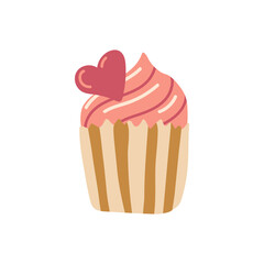 Vector isolated element. Cupcake. Dessert for Valentine's Day. Decoration for Valentine day. Symbols of Valentine's day. Color image on a white background. The print is used for packaging design.