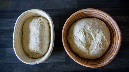 Top-view of of homemade sourdough in bowls before baking