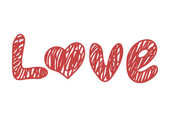 Vector isolated element. Lettering. Love. Decoration for Valentine day. Symbols of Valentine's day. Color image on a white background. The print is used for packaging design.