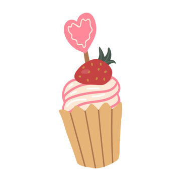 Vector isolated element. Cupcake. Dessert for Valentine's Day. Decoration for Valentine day. Symbols of Valentine's day. Color image on a white background. The print is used for packaging design.