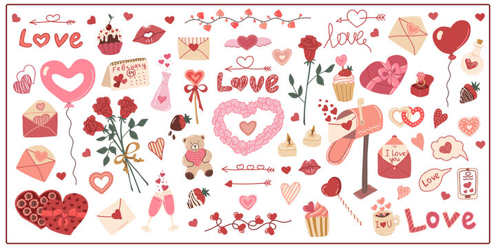 Set  hand drawn vector isolated elements of Valentine day. Decoration for Valentine day. Symbols of Valentine's day. Letter. Heart. Flowers. Strawberry in chocolate. Color image on a white background.