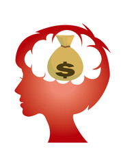 ドル袋　お金の袋　女性の脳内の思考イメージのピクトグラム　シンボル　シルエット　Brain desires, pictograms
