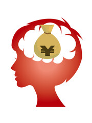 円の袋　お金の袋　女性の脳内の思考イメージのピクトグラム　シンボル　シルエット　Brain desires, pictograms