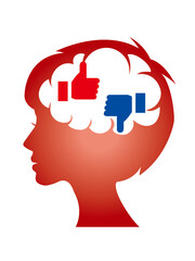 いいねとBAD　低評価数の手のアイコン　女性の脳内の思考イメージのピクトグラム　シンボル　シルエット　Brain desires, pictograms