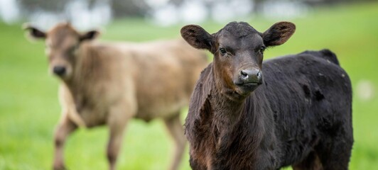 cows in the field, grazing on grass and pasture in Australia, on a farming ranch. Cattle eating hay...