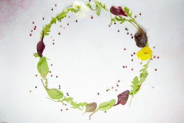 Salad mix circle: arugula, chard, bulls blood, flowers, rukkola and peppercorns decoration. Natural herbs top view. Healthy cooking and proper nutrition concept. Food background. Copy space.