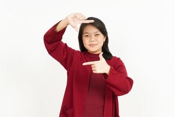 Making frame with hands Of Beautiful Asian Woman Wearing Red Shirt Isolated On White Background