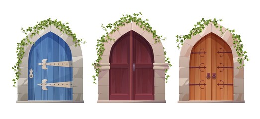 Antique medieval wooden door with handle, arch and ivy plant. Entrance, gate in a castle, church or house.