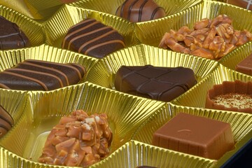 Different chocolate pralines in a golden box. Close up shot of chocolates box. Box of belgian pralines of different shapes. Extreme close up