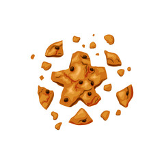 Bitten cookies with chocolate chips. Broken cookie in the form of a star. Vector cartoon illustration