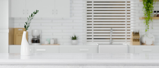 Modern bright and clean kitchen with copy space on marble kitchen countertop