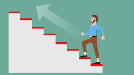 Fototapeta premium Businessman in a private suit walks up the stairs. Stairs are white and the floor is red. Blurred of upward slanting white arrow. On isolated soft green background.