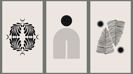 Set of three backgrounds for typography, decor design, covers. Vintage stylish illustration in boho style with arch, sun, lines, plant, crescent. Black geometric shapes on beige. © Nataly
