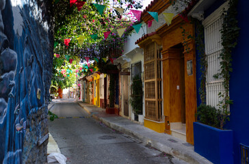 Alley in the colorful old town of Cartagena, Colombia