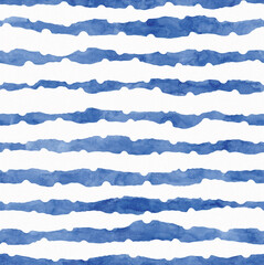 Watercolor painting striped seamless pattern. Blue colored geometric background. Wavy lines on textured paper. Template for textile, wallpaper, carpet, ceramics.