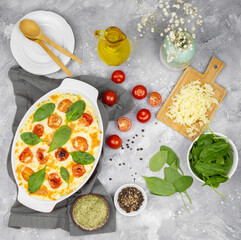 pudding with mashed potatoes and chopped meat. Flat lay. 