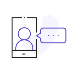 Phone with human on screen and message. Work videochat. Video conference and online meeting concept. Distance work and learning. Vector illustration. smartphone, chatting, conferencing