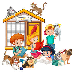 Fototapeta na wymiar Kids with their dogs and cats on white background