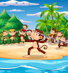 Obraz na płótnie Canvas Beach scene with monkey playing javelin