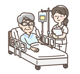 ベッドで点滴を受けている男性と看護師