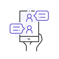 Chatting line icon. Phone and messages from people. Video conference and online meeting concept. Distance work and learning. Vector illustration. Laptop, computer, smartphone, chatting, conferencing