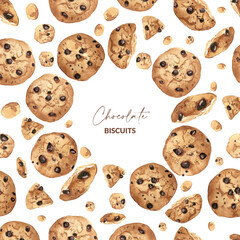 Background of watercolor biscuits with chocolate
