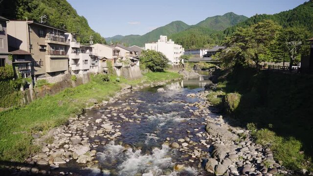 Sunset over Yoshida River Running Through Gujo Hachiman Town, Rural Landscape