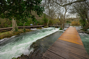 Trees rising from water at Beautiful Krka waterfalls wooden pathways viewed from the path in cold...