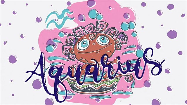 Cute Aquarius Sign, Colorful Retro Style Animation.