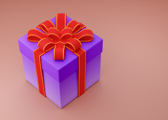 Purple gift box with red wrapping ribbon and a bow at the top with copyspace on a pastel background. 3D render.
